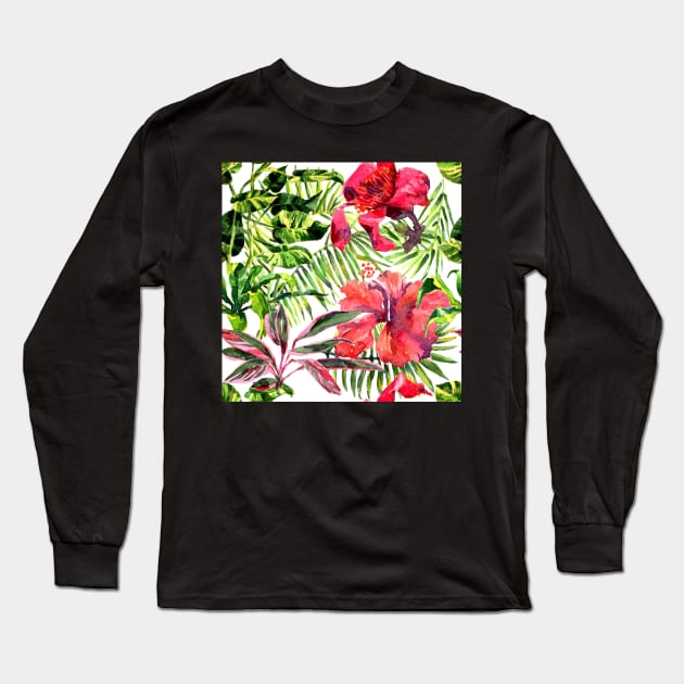 Tropical Background. watercolor tropical leaves and plants Long Sleeve T-Shirt by Olga Berlet